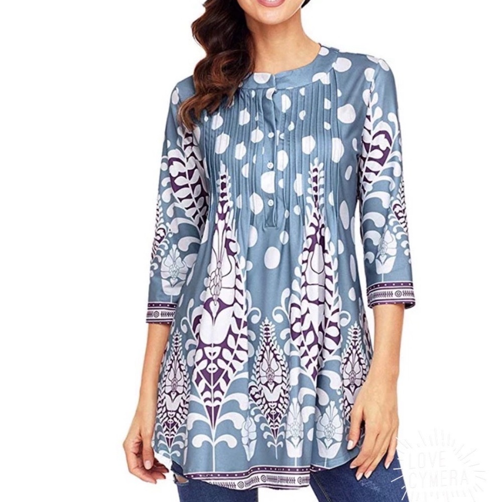 Reborn XL Blue Tunic Top Boho Pintuck Floral Anthropologie Style Rayon
